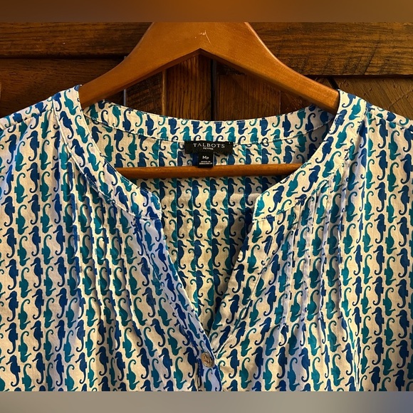 Talbots Blue Seahorse Pintuck Pop Over Tunic Blouse Size M - Picture 6 of 11